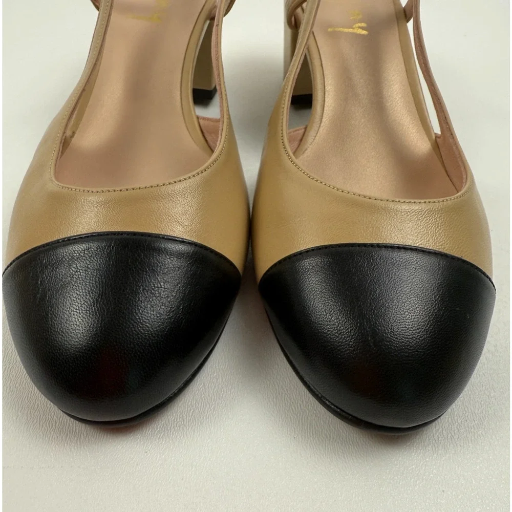 French Sole FS/NY Tuckernuck Slingback Baton Heels Camel Napa/Black Sz 7.5 NWT - Picture 5 of 9